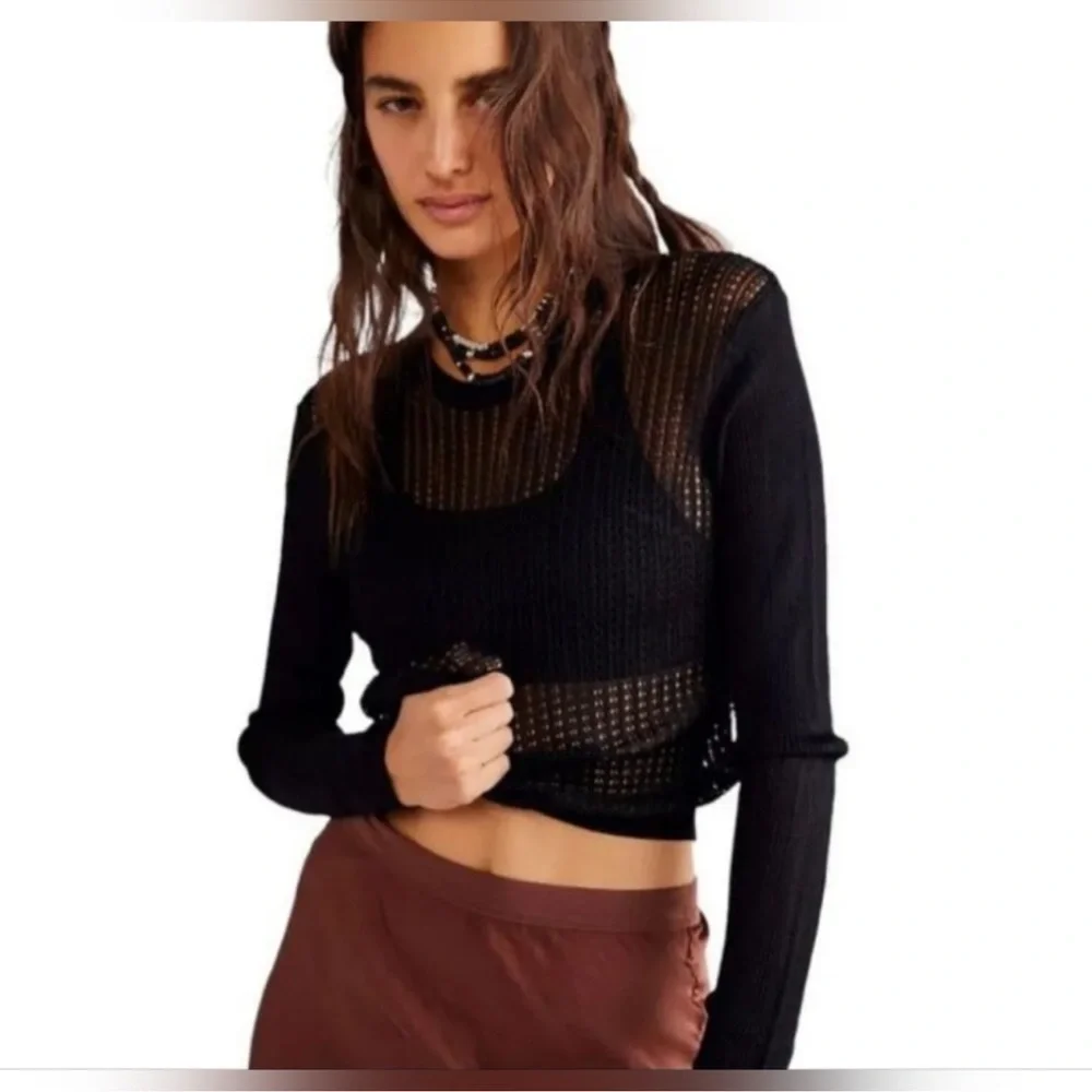 Free People H2O Black Mesh Long Sleeve Top